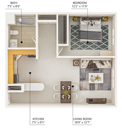 Floor plan for 1 bed, 1 bath, 676 sqft